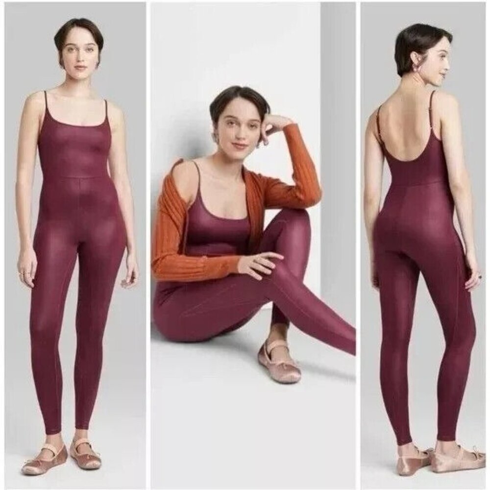 Wild Fable Jumpsuit One Piece Bodysuit Liquid Faux Leather Burgundy
